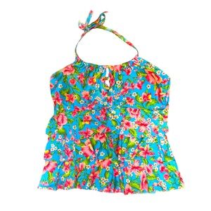 🌺 Blue Floral Summer Ruffled Swimsuit Top Open Back🐬